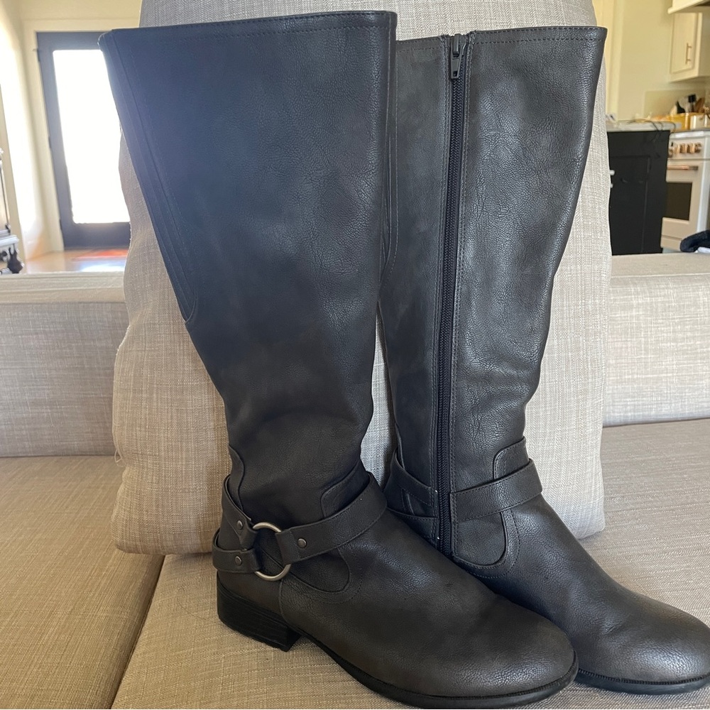 Life Stride dark gray knee boots with side decorative buckle. Size 6.5 W